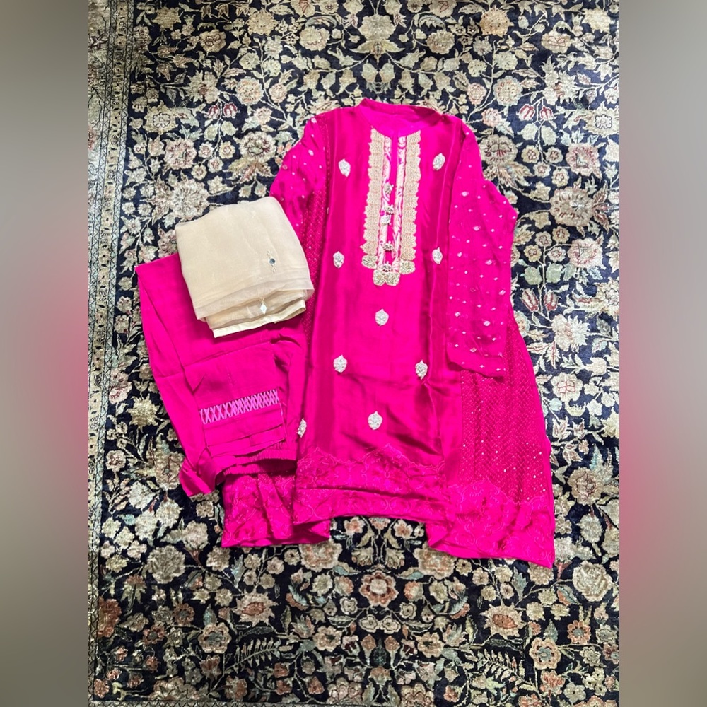 Pink soft raw silk 3 piece stitched suit